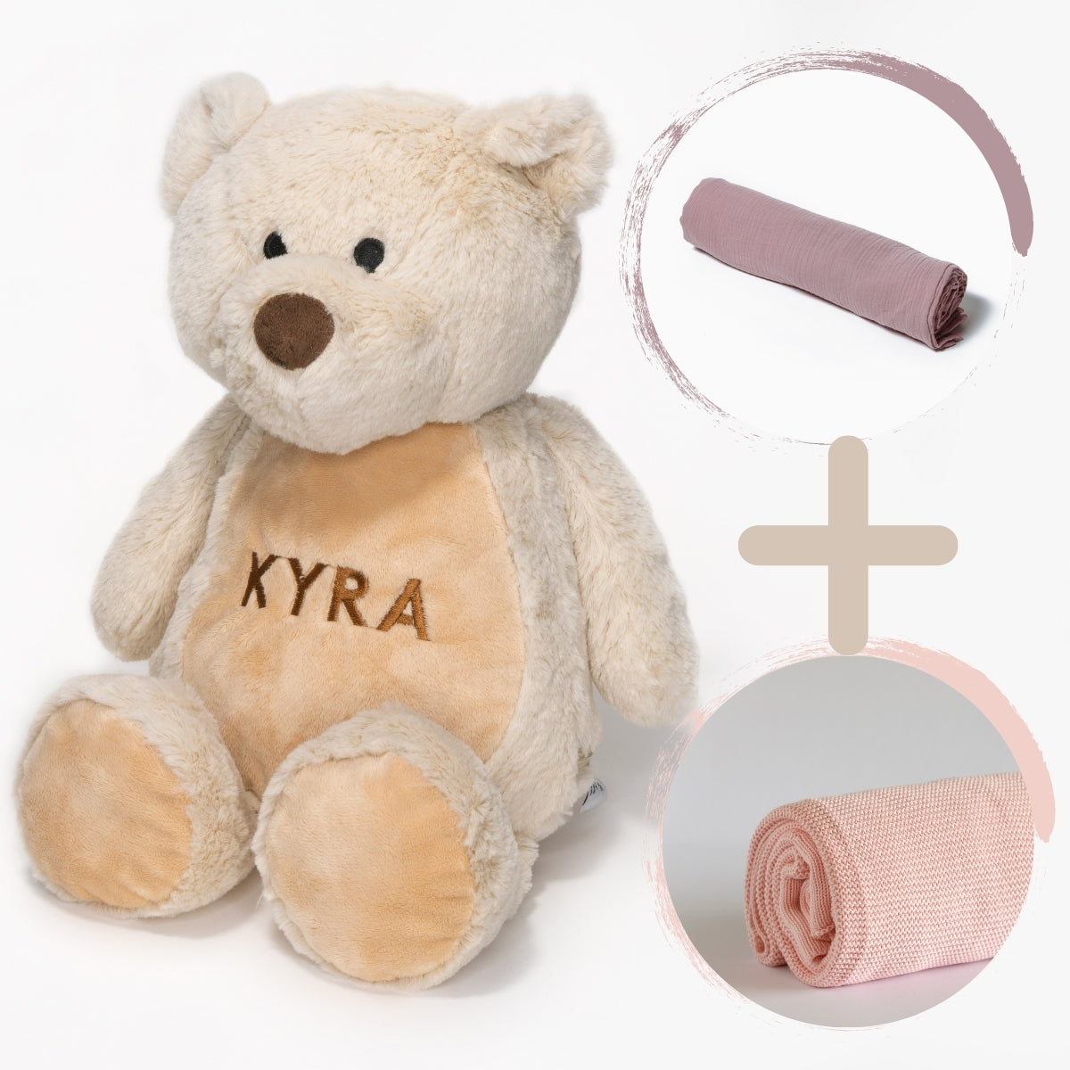 Personalised Baby Blanket, Muslin Baby Swaddle and Soft Bear Teddy Bundle