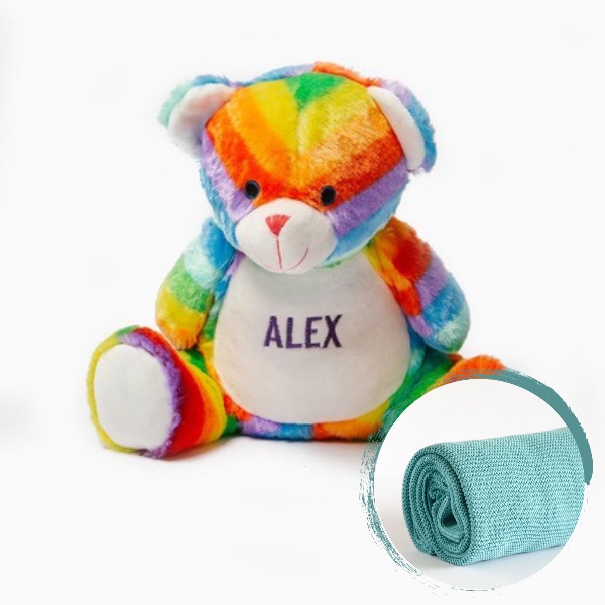 Personalised Baby Blanket and Soft Rainbow Bear Teddy Bundle