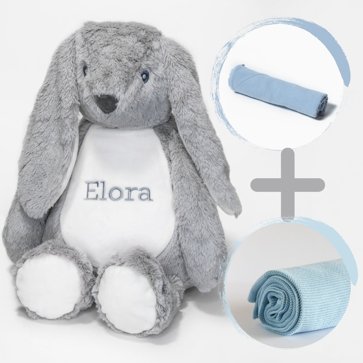 Personalised Baby Blanket, Muslin Baby Swaddle and Soft Bunny Teddy Bundle