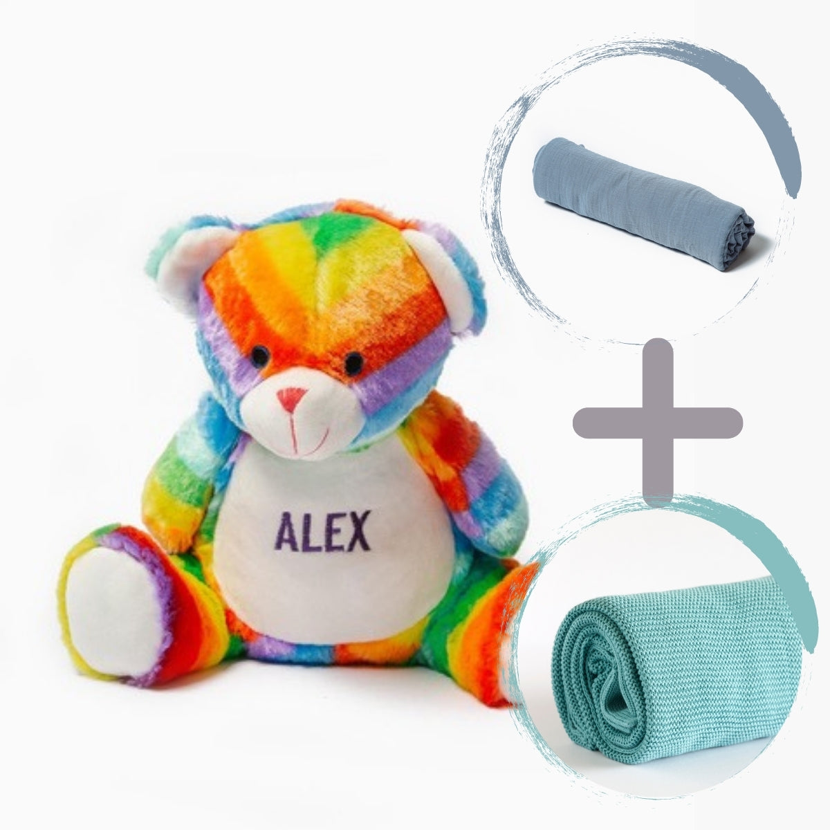 Personalised Rainbow Bear and Swaddle with personalised blanket combo