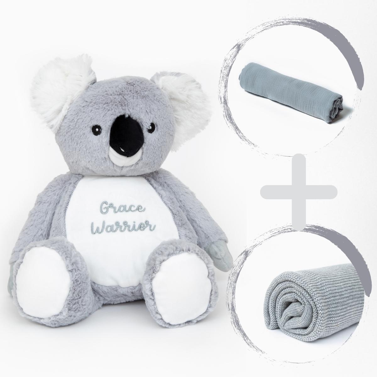 Personalised Baby Blanket, Muslin Baby Swaddle and Soft Koala Bear Bundle
